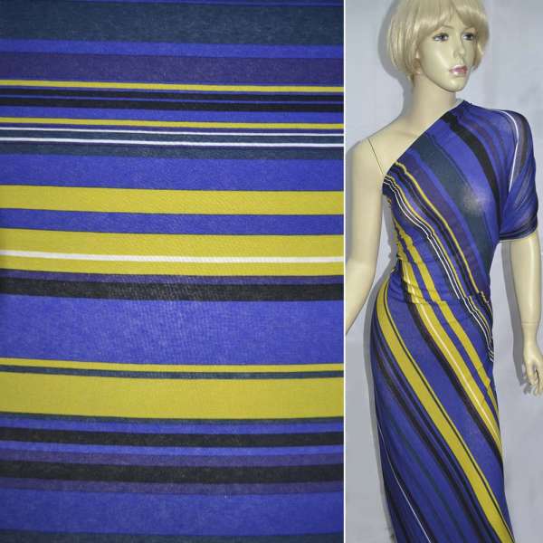 Трикотаж віскозний стрейч фіолетовий в чорно-лимонну смужку ш.140