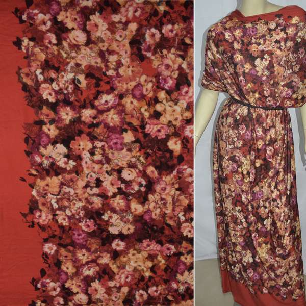 Трикотаж віскозний червоний в бежево-бузкові квіти ш.158