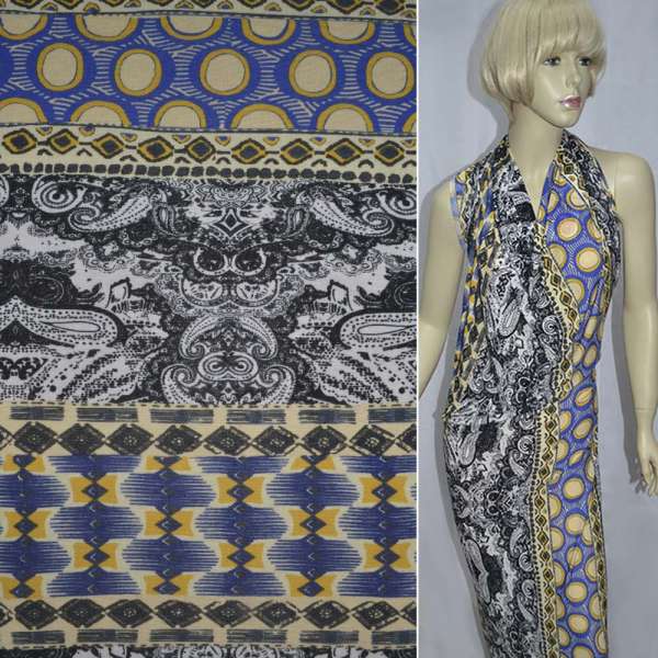 Трикотаж віскозний стрейч в чорно-сині смуги з огірками і кола ш.140