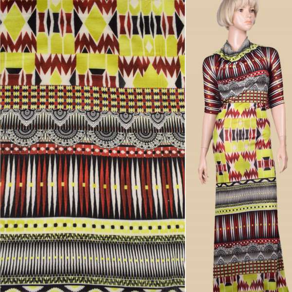 Трикотаж віскозний стрейч молочний в лимонно-бордовий, чорний геометричний малюнок ш.140