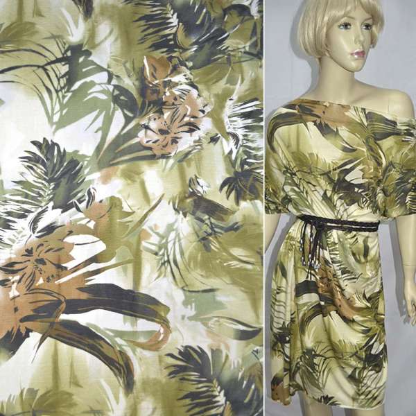 Трикотаж віскозний стрейч оливково-зелений з пальмами і квітами ш.152