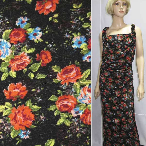 Трикотаж чорний в рожево-помаранчеві троянди ш.147