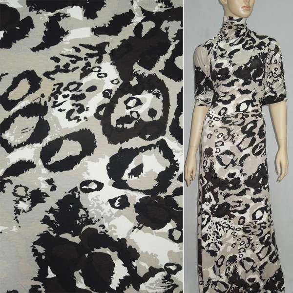 Трикотаж віскозний стрейч бежево-сірий з чорним малюнком ш.150