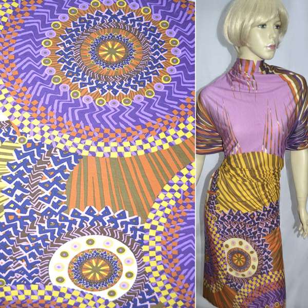 Трикотаж віскозний фіолетовий в оранжево-жовті кола ш.158