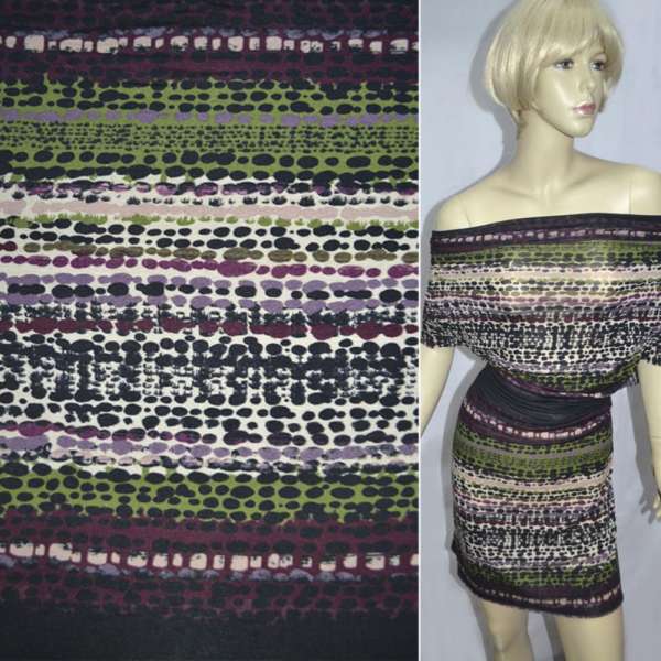 Трикотаж віскозний стрейч чорний в бордово-зелені смуги камінчики ш.131