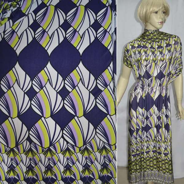 Трикотаж віскозний стрейч фіолетовий в салатово-білий абстрактний малюнок (купон) ш.135