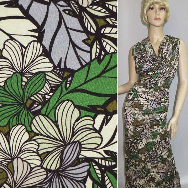 Трикотаж віскозний стрейч коричневий в зелено-білі листки ш.154