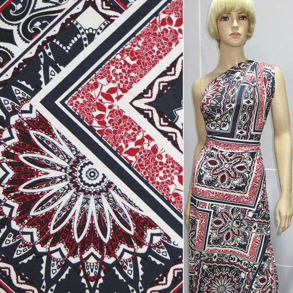 Трикотаж віскозний стрейч синій в білі ромби з червоними квітами ш.149