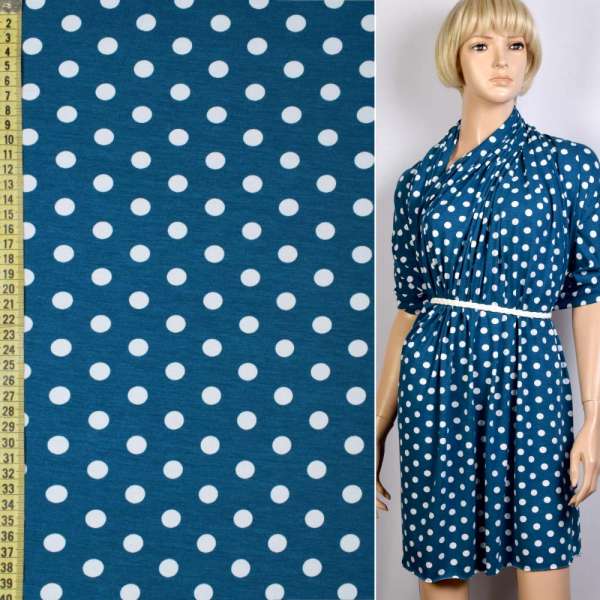 Трикотаж вискозный стрейч синий в белый горох, ш.150