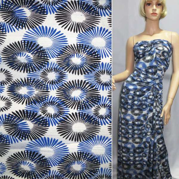 Трикотаж вискозный стрейч белый с черно-синими одуванчиками ш.143 см