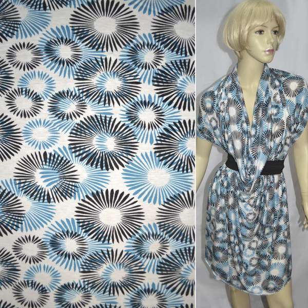 Трикотаж вискозный стрейч белый с черно-бирюзовыми одуванчиками ш.143 см