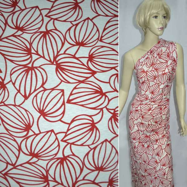 Трикотаж вискозный стрейч белый с красными листьями ш.155