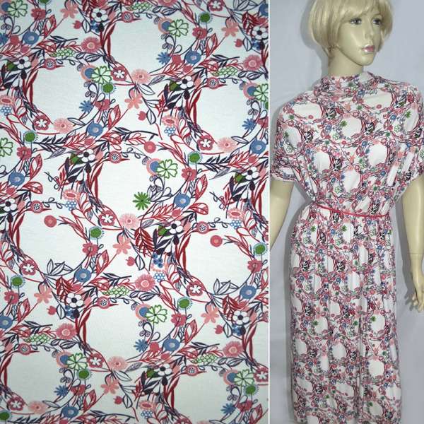 Трикотаж віскозний стрейч білий з кучерявими червоно-білими квітами ш.143