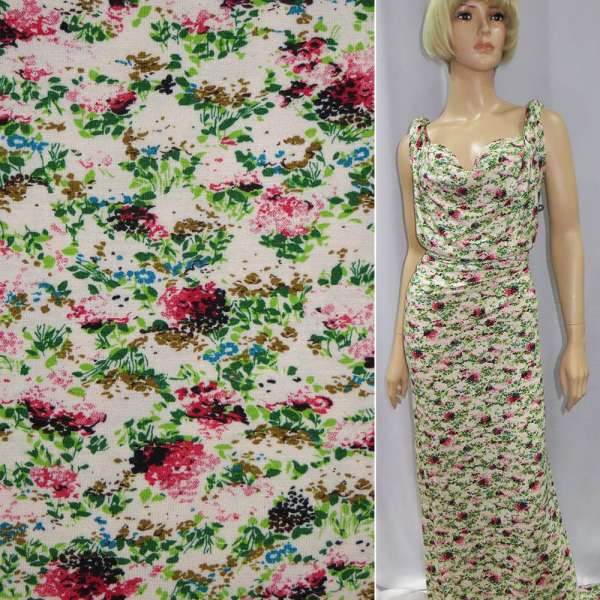 Трикотаж вискозный стрейч белый в красно-зеленые цветы ш.150