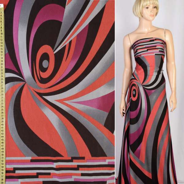 Трикотаж вискозный стрейч в серые, красные, черные, фиолетовые волны, ш.160