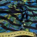 Трикотаж вискозный стрейч в сине-зеленый узор, черные полоски, ш.155