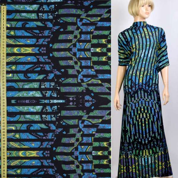 Трикотаж вискозный стрейч в сине-зеленый узор, черные полоски, ш.155