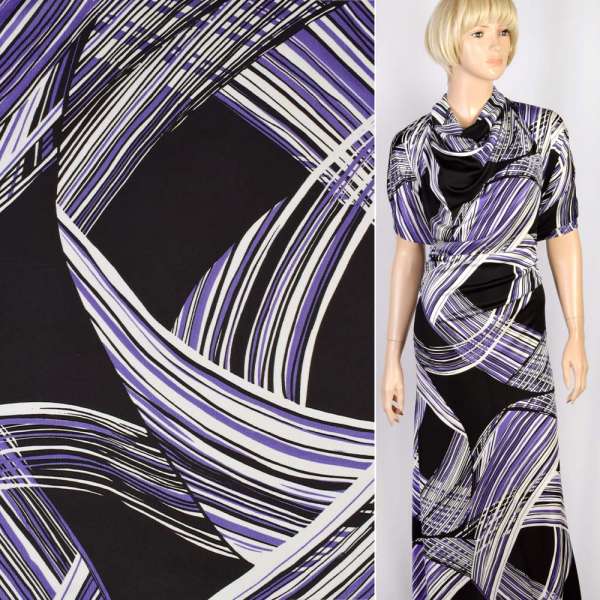 Трикотаж вискозный мокрый черный в бело-фиолетовые волны, ш.150