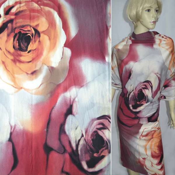 Трикотаж вискозный стрейч вишнево-серый с большими розами ш.140