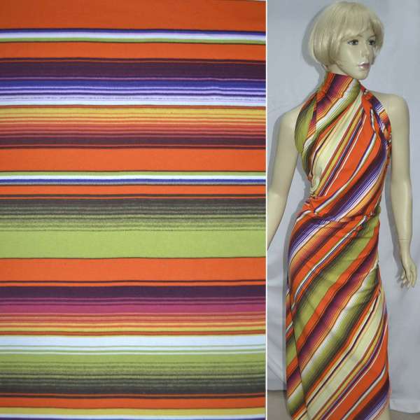 Трикотаж вискозный стрейч в оранжево-желто-синюю полоску ш.150