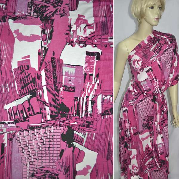 Трикотаж вискозный стрейч малиново-белый с черной абстракцией ш.150