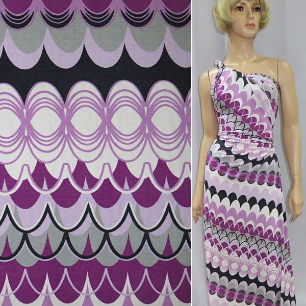 Трикотаж віскозний стрейч білий з рожевими і чорними напівовалами ш.150