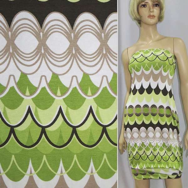 Трикотаж віскозний стрейч в салатово-білі смуги і коричнево-бежеві напівовали ш.152