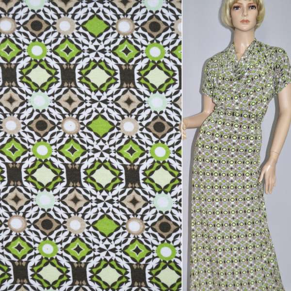 Трикотаж віскозний стрейч білий з коричнево-салатовим геометричним малюнком ш.150