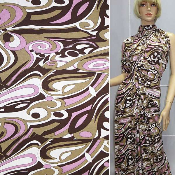 Трикотаж віскозний стрейч коричневий білий в рожево-бежеву абстракцію ш.150