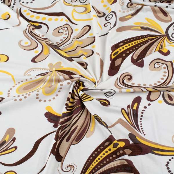 Трикотаж віскозний стрейч білий в коричнево-жовту абстракцію ш.150