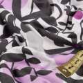 Трикотаж віскозний стрейч білий з чорними квітами і бузково-сірими колами ш.150