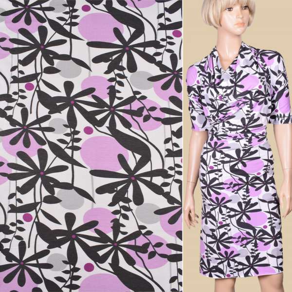 Трикотаж віскозний стрейч білий з чорними квітами і бузково-сірими колами ш.150