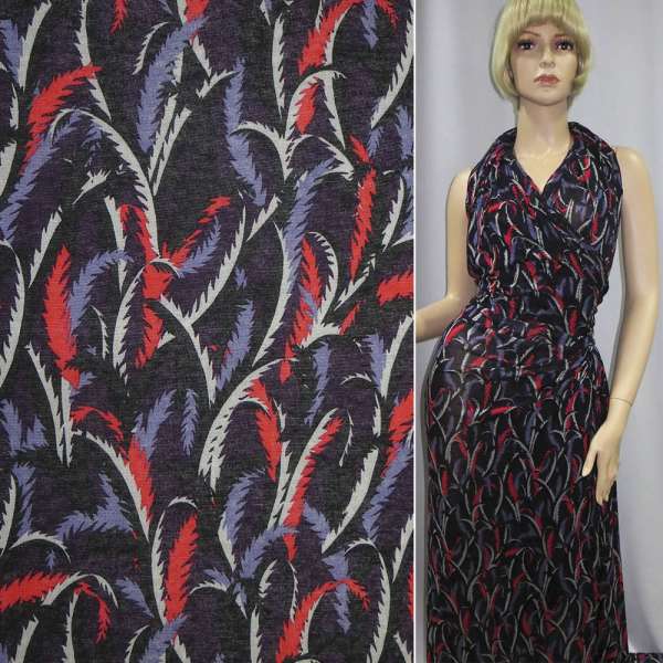 Трикотаж віскозний стрейч чорний з червоно-фіолетовим абстрактним малюнком ш.135