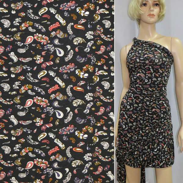 Трикотаж віскозний стрейч чорний з рожево-білими пір'ям ш.150