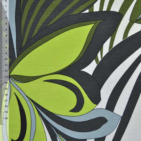 Трикотаж віскозний стрейч чорно-сірий з салатово-блакитними квітами ш.150