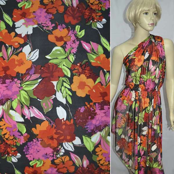 Трикотаж вискозный стрейч черный с розово-оранжевыми цветами ш.136