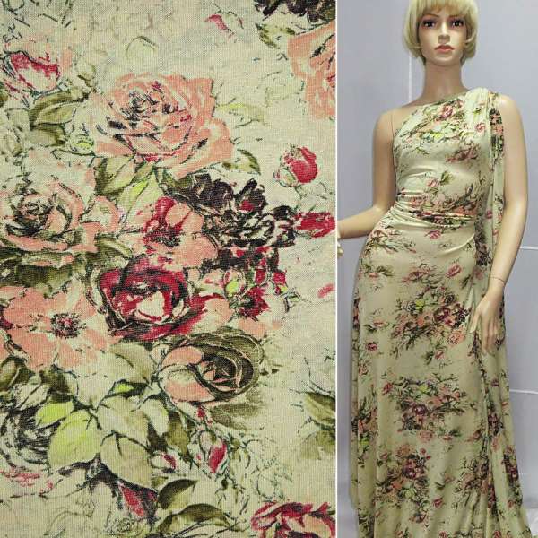 Трикотаж вискозный стрейч бледно-оливковый с розовыми цветами ш.140