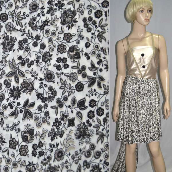 Трикотаж вискозный стрейч белый с мелкими коричневыми цветами ш.128