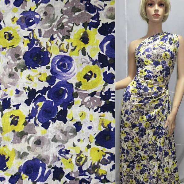 Трикотаж вискозный стрейч белый в желто-фиолетовые цветы ш.140