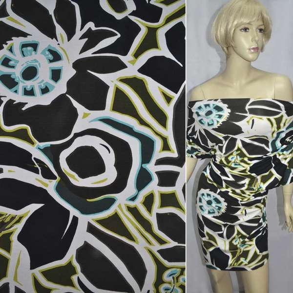 Трикотаж вискозный стрейч коричневый цветы абстрактные бирюзово-белые ш.150