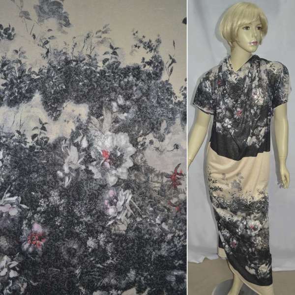 Трикотаж сітчастий сіро-бежевий з квітами ш.140