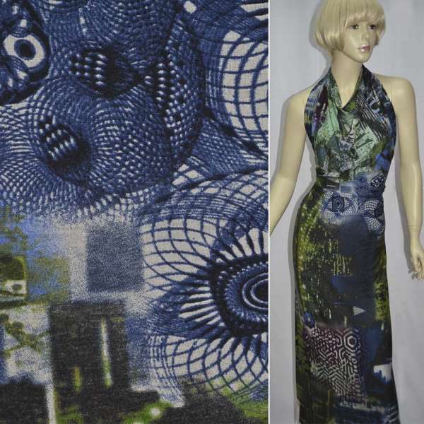 Трикотаж віскозний стрейч зелено-синій з абстрактним малюнком і написами ш.150