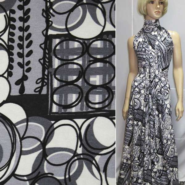 Трикотаж віскозний стрейч біло-сірий в чорні кола, квадрати, гілочки ш.145