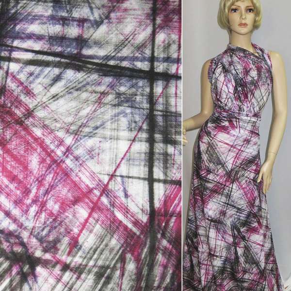 Трикотаж віскозний стрейч білий з малиново-коричневими розчерками ш.150