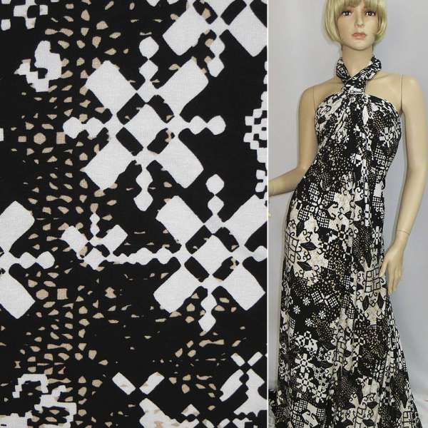 Трикотаж віскозний стрейч чорно-білий з етнічними візерунками ш.145