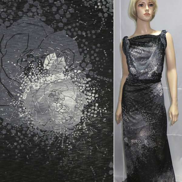 Трикотаж віскозний стрейч чорно-сірий з ромбами і квіткою ш.140