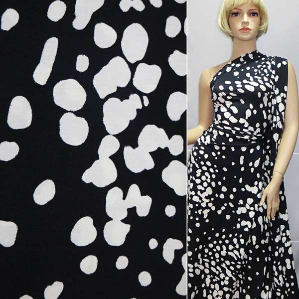 Трикотаж віскозний стрейч чорно-синій з білими колами ш.150