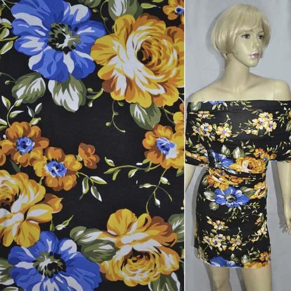 Трикотаж віскозний стрейч чорний з жовто-синіми квітами ш.150