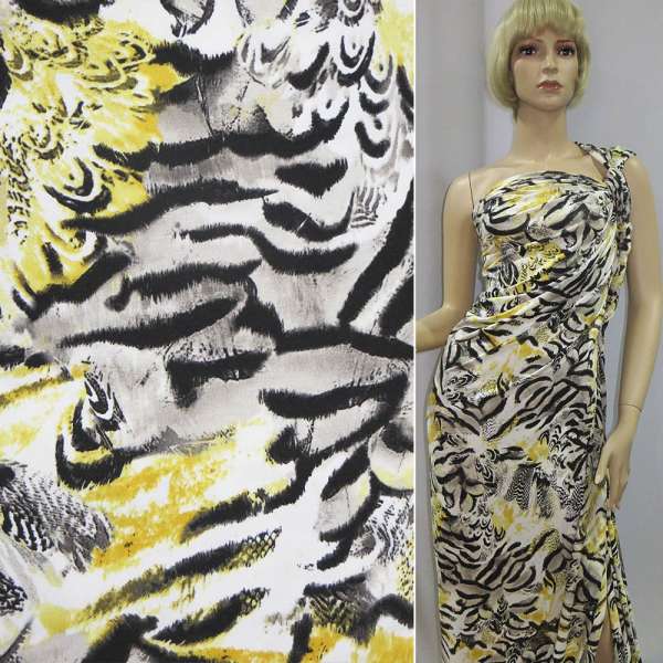 Трикотаж віскозний стрейч білий з жовто-сірою абстракцією ш.140