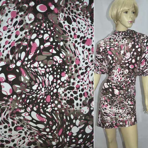 Трикотаж віскозний стрейч коричнево-білий з рожевими колами ш.140